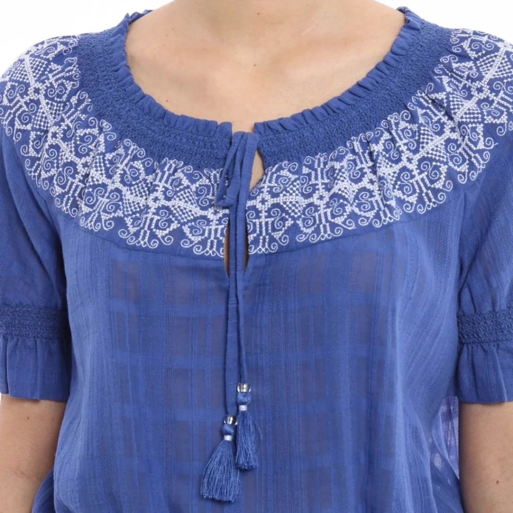 Tory Burch Nina Blouse Embroidery White Blue Peasant Cotton Western Boho Medium